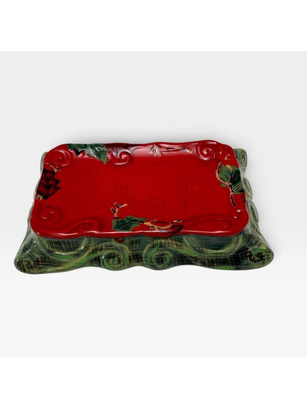 TRACY PORTER Holiday Dish Red Winter Collection Holly Red Hand Painted Ceramic